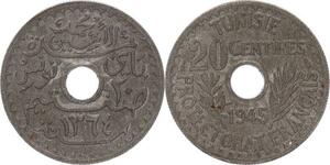 O124 Tunisie 20 Centimes Muhammad Al-Amin Protectorat Francais 1945 SUP