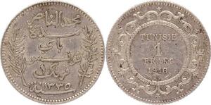 O131 Tunisie 1 Franc Muhammad Al-Nasir Protectorat Francais 1916 Argent Silver