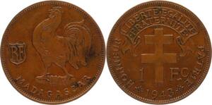 O194 Madagascar 1 Franc 1943 Pretoriat Coq Rooster -> Make offer