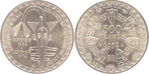 O232 Afrique de l'Ouest 500 Francs Union monétaire 1972 Argent Silver FDC