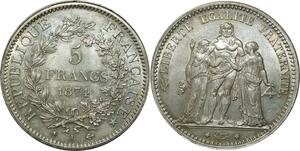 O257 France Rare 5 Francs Hercule Dupré 1874 A Paris Argent Silver Splendide