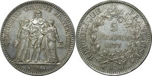 O260 France Rare Rare 5 Francs Hercule Dupré 1877 A Paris Argent Silver Superbe +++