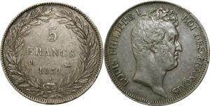 O263 France 5 Francs Louis-Philippe Tiolier 1831 B Rouen Tr Creux Argent Silver