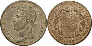O327 Guadeloupe Rare Colonies 5 Centimes Charles X Colonies Francaises 1828 A Paris SPL