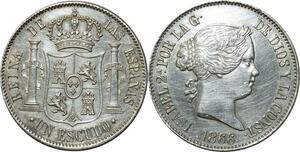 O337 Scarce Spain 1 Escudo Isabel II 1866 Argent Silver AU !!!