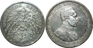 O339 Germany 5 Marks Wilhelm II 1913 Argent Silver A Berlin AU !!
