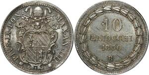 O344 Scarce Vatican 10 Baiocchi Pivs IX 1850 Argent Silver R Rome BU !!! UNC