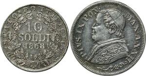 O346 Vatican 10 Soldi Pivs IX 1868 R Rome Argent Silver AU UNC > Make Offer