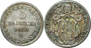 O348 Vatican 5 Baiocchi Pivs IX 1858 R Rome Argent Silver UNC !!! Luster