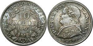 O349 Vatican 10 Soldi Pivs IX 1867 R Rome Argent Silver MS !!! BU !!! 66 67