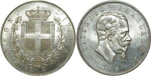 O351 Rare !!! Italy 5 Lire Emanuele II 1876 Argent Silver R Roma Splendide ++