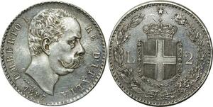 O354 Rare Italy 2 Lire Umberto I 1887 Argent Silver R Roma UNC !!!