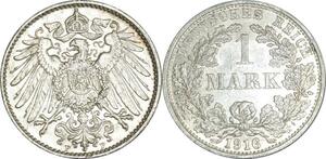 O377 Rare Germany 1 Mark Wilhelm II 1916 F Stuttgart Argent Silver AU UNC