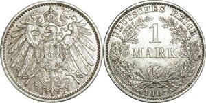 O394 Germany 1 Mark Wilhelm II 1907 E Muldenhütten Argent Silver