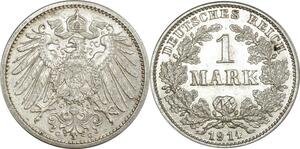O396 Germany 1 Mark Wilhelm II 1914 G Karlsruhe Argent Silver