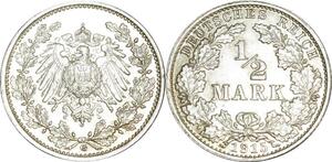 O402 Germany 1/2 Mark Wilhelm II 1915 G Karlsruhe Argent Silver UNC