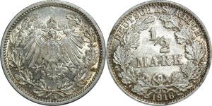 O404 Germany 1/2 Mark Wilhelm II 1916 A Berlin Argent Silver UNC !! BU