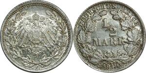 O407 Germany 1/2 Mark Wilhelm II 1918 F Stuttgart Argent Silver UNC !!!