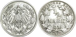 O408 Germany 1/2 Mark Wilhelm II 1918 G Karlsruhe Argent Silver