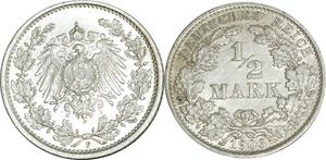O412 Germany 1/2 Mark Wilhelm II 1906 F Stuttgart Argent Silver UNC