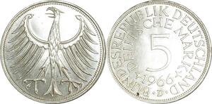 O416 Germany 5 Deutsche Mark Aigle 1966 D Munich Argent Silver FDC