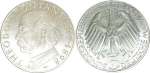 O418 Germany 5 Deutsche Mark Theodor Fontane 1969 G Karlsruhe Silver FDC