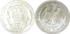 O419 Germany 5 Deutsche Mark Wilhelm Alexander Humboldt 1967 F Stuttgart Silver PP