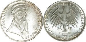 O421 Germany 5 Deutsche Mark Johannes Gutenberg 1968 G Karlsruhe Argent Silver UNC