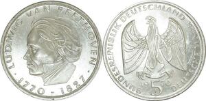 O423 Germany 5 Deutsche Mark Ludwig van Beethoven 1970 F Stuttgart Silver FDC