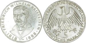 O424 Germany 5 Deutsche Mark Wilhelm Raiffeisen 1968 J Hambourg Silver SUP