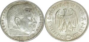 O437 Germany 5 Reichsmark Paul von Hindenburg 1936 F Stuttgart Argent Silver