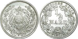 O442 Germany 1/2 Mark Wilhelm II 1916 G Karlsruhe Argent Silver UNC