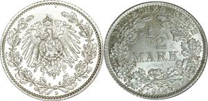 O445 Germany 1/2 Mark Wilhelm II 1915 D Munich Argent Silver FDC