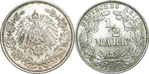 O449 Germany 1/2 Mark Wilhelm II 1909 D Munich Argent Silver UNC