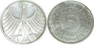 O450 Germany 5 Deutsche Mark Aigle 1966 G Karlsruhe Argent Silver UNC