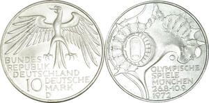 O454 Germany 10 Deutsche Mark Stade Olympique Münich 1972 D Munich Silver