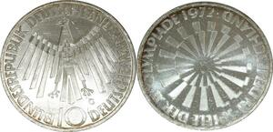 O460 Germany 10 Deutsche Mark JO Munich 1972 G Karlsruhe Argent Silver PP PF