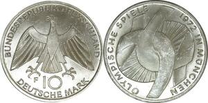 O470 Germany 10 Deutsche Mark JO Münich 1972 F Stuttgart Silver FDC