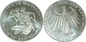 O473 Germany 10 Deutsche Mark JO Münich 1972 G Karlsruhe Silver UNC