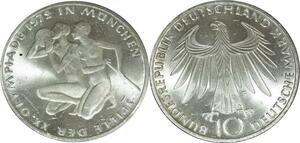 O474 Germany 10 Deutsche Mark JO Münich 1972 F Stuttgart Silver UNC