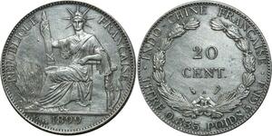O575 Indochina French Indochina 20 Cents 1899 A Paris Argent Silver AU