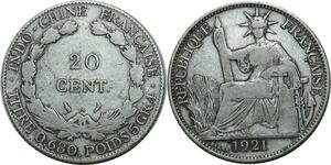 O577 Indochina French Indochina 20 Cents 1921 A Paris Argent Silver