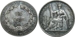 O580 Indochina French Indochina 20 Cents 1914 A Paris Argent Silver AU !!!