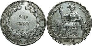 O586 French Indochina 20 Cents 1927 A Paris Double Die Silver