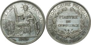 O674 Indochina 1 Piastre 1905 A Paris Argent Silver AU !!