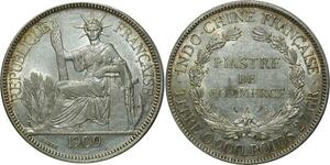 O678 Scarce Indochina 1 Piastre 1909 A Paris Argent Silver AU SUP