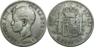 O723 Spain 5 Pesetas Alphonse XIII 1896 *96 Argent Silver