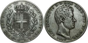 O787 Italy Sardina 5 Lire Charles Albert 1842 P Anchor Argent Silver