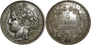 O872 France Rare 5 Francs Cérès Légende 1870 A Paris Argent Silver Superbe