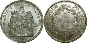 O877 France 5 Francs Hercule 1875 A Paris Argent Silver Splendide